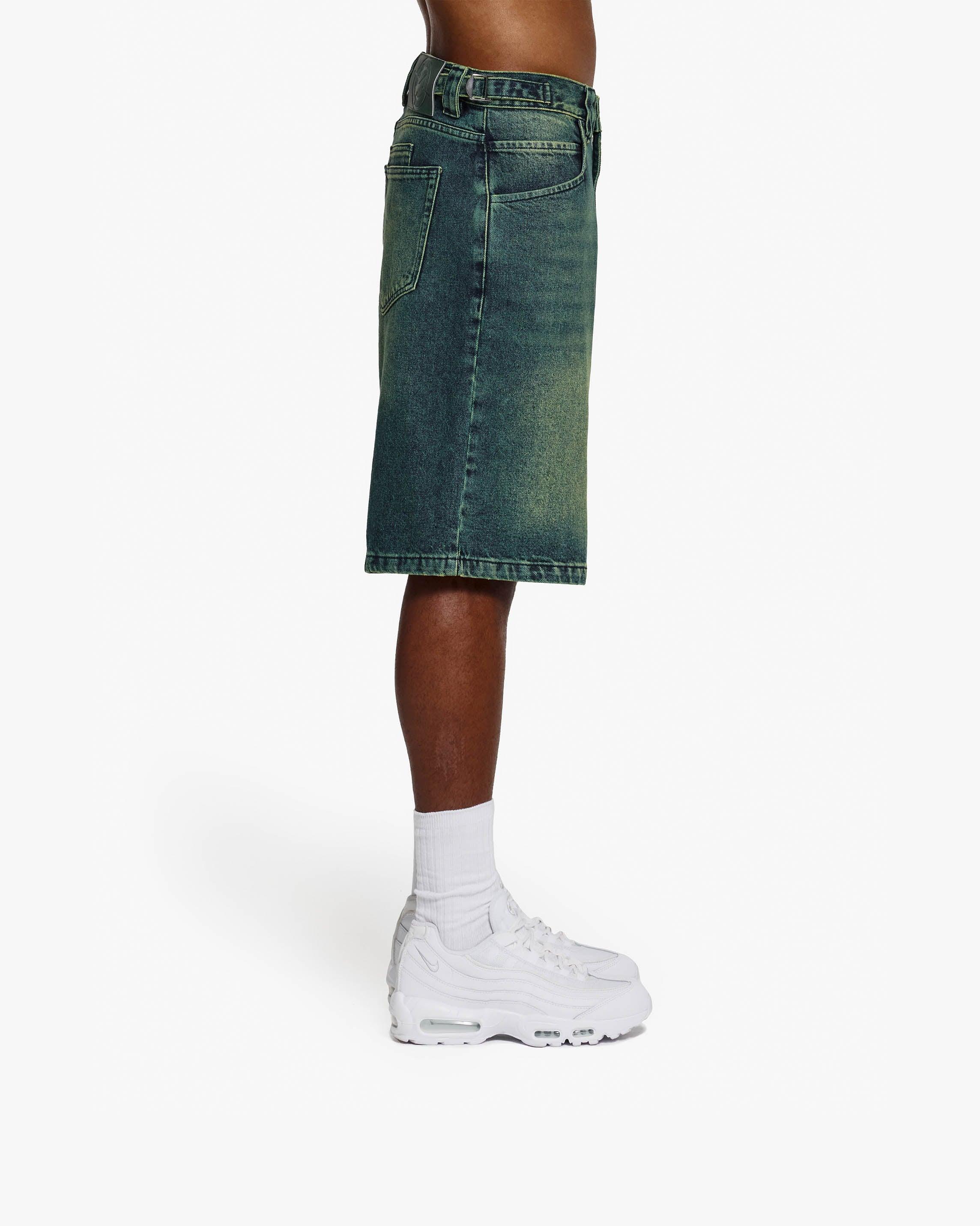 GREEN TINTED DENIM JORTS