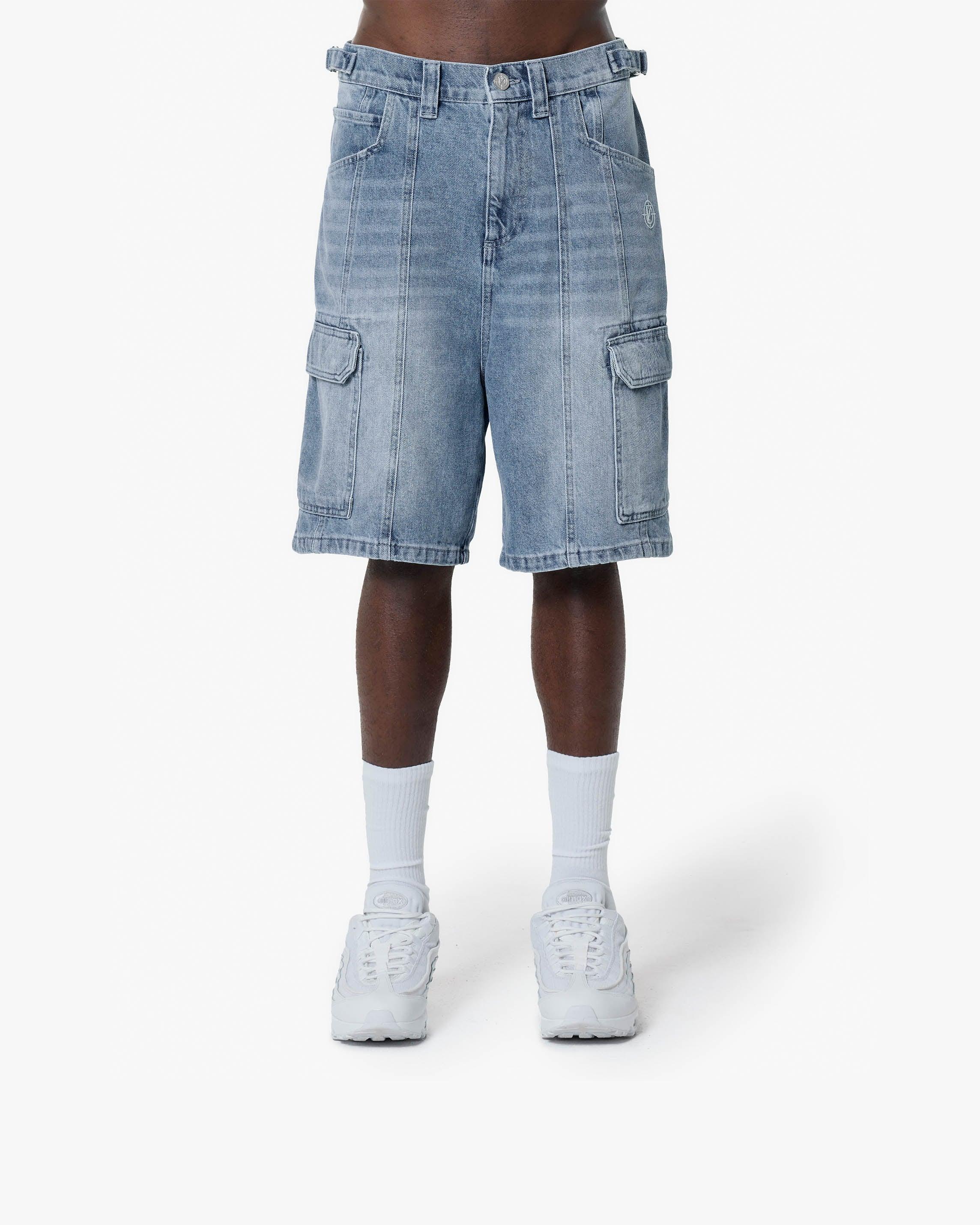 BLUE WASHED DENIM CARGO JORTS